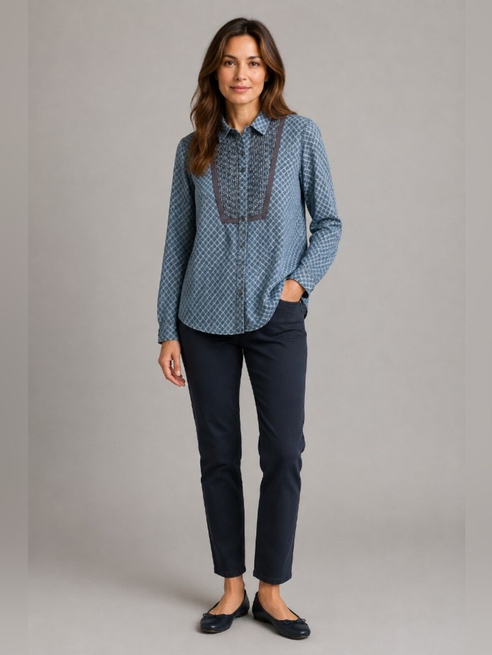 American Rag Victorian Pintuck Panel Buttoned Down Denim Blouse- Size:L- Vintage